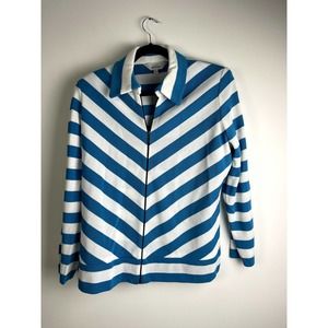 MISOOK Chevron Striped Full Zip Collared Cardigan White/Blue Size L Long Sleeve